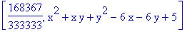 [168367/333333, x^2+x*y+y^2-6*x-6*y+5]